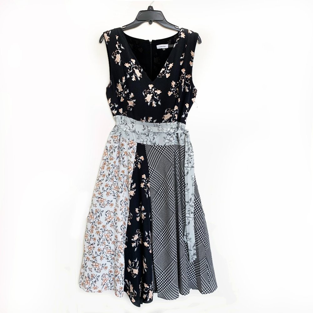 Calvin Klein Multi-pattern Floral Houndstooth Check Dress Size 12